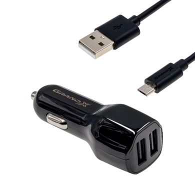 Автомобільний зарядний пристрій Grand-X 2,1A, 12-24V, Black 2USB 5V/2.1A + DC cable USB/Micro USB,1m ,(CH-26M)