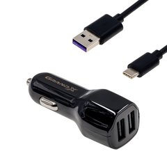 Автомобільний зарядний пристрій Grand-X 2,1A, 12-24V, 2USB + cable USB -> TypeC, Cu, 1m (CH-26TC)