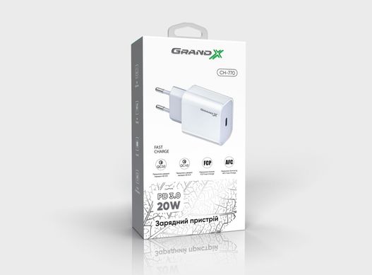Зарядний пристрій Grand-X USB-C 20W PD3.0 швидка зарядка для QC4.0,FCP,AFC + cable TypeC -> TypeC, Cu, 1m CH-770C